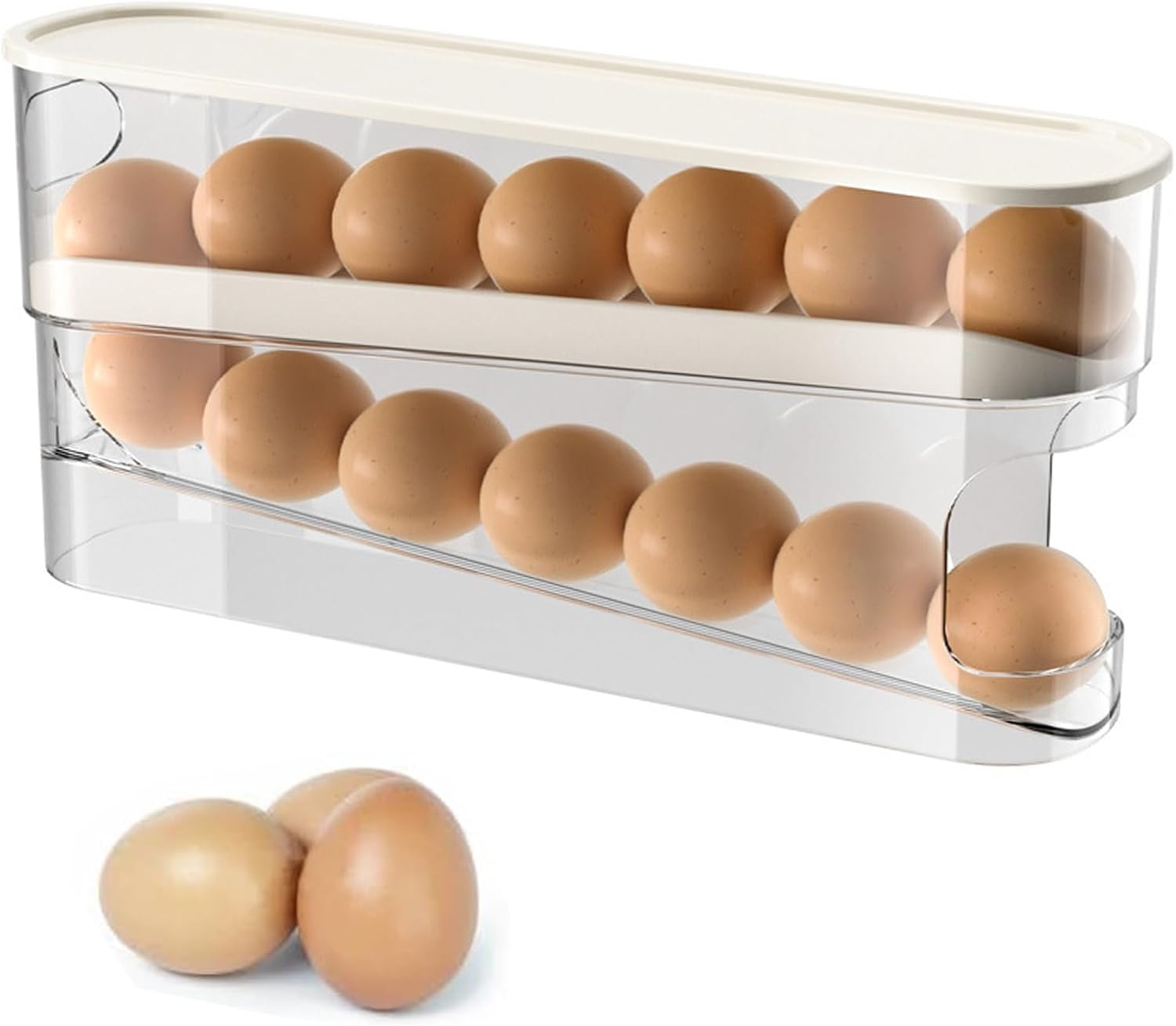 Gzsekken Egg Holder Egg Dispenser Fridge Roll Down Stackable with Lid Trays Container Box Holds 12 Eggs 2 Tier Storage Fridge Basket Rolling Holder for Kitchen Countertop Organizer (White)
