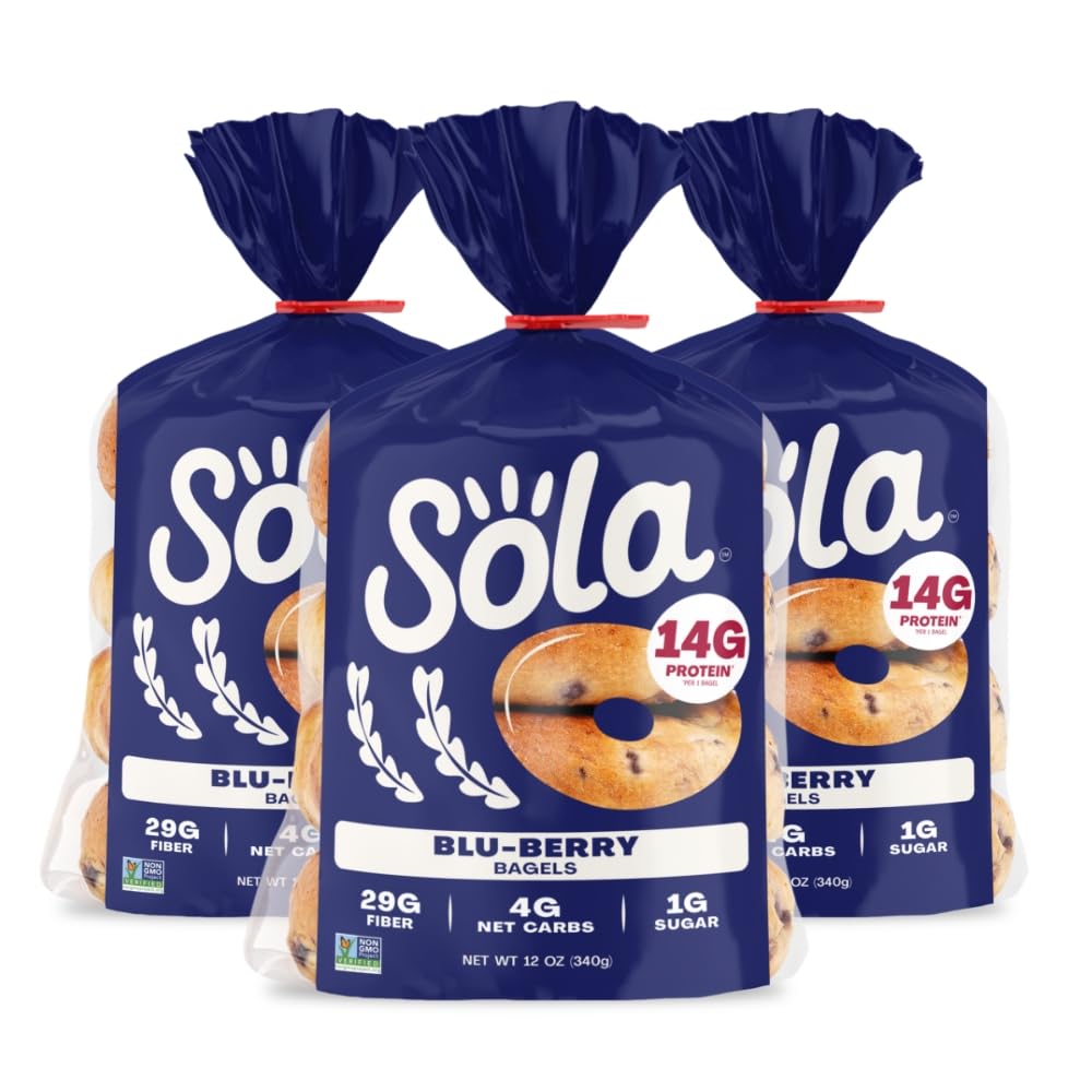SOLA Low Carb & Keto Friendly Bagels, Blu-berry - 5g Net Carbs & 15g of Protein, No Added Sugar, Plant based, Low Calorie Bagels - 12 oz (4 Bagels/Pack) (Pack of 3)