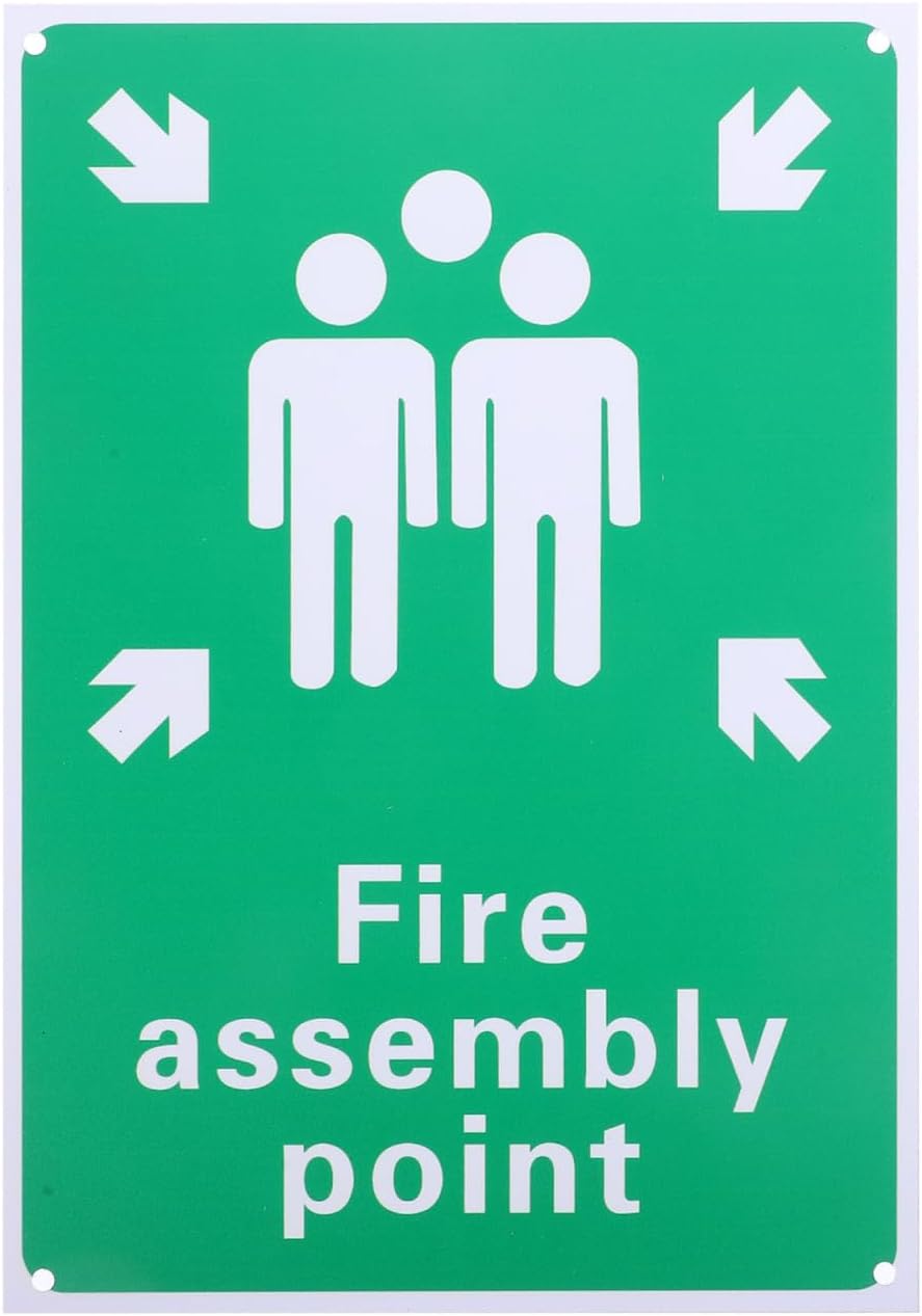 CHILDWEET Fire Assembly Point Sign Aluminum Emergency Safety Sign with Symbol and Text for Outdoor Parks Gardens and Workplaces Lightweight Durable Reflective 8.27X11.73 Inches