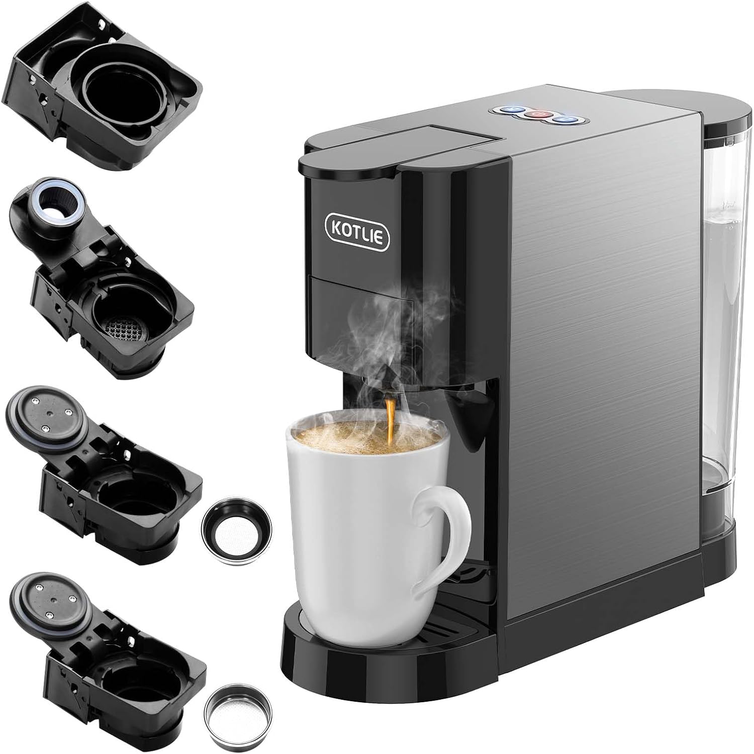 KOTLIE Single Serve Coffee Maker, 19Bar Espresso Machine, 4in1 Coffee Machine for K cups Capsule/Nespresso original Capsules/Ground Coffee/44mm ESE Coffee(AC-513H)