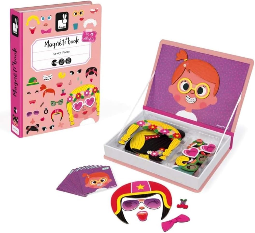 Janod - Girl's Crazy Faces Magneti'Book - Magnetic Educational Game 55 Pieces - For children from the Age of 3, J02717, Rose
