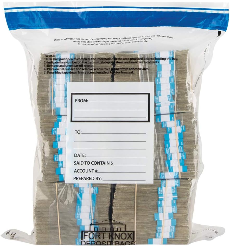 12 Bundle Ultima Ultima Blue Deposit Bags - Holds 12 Bundles of Cash - 50/Pack
