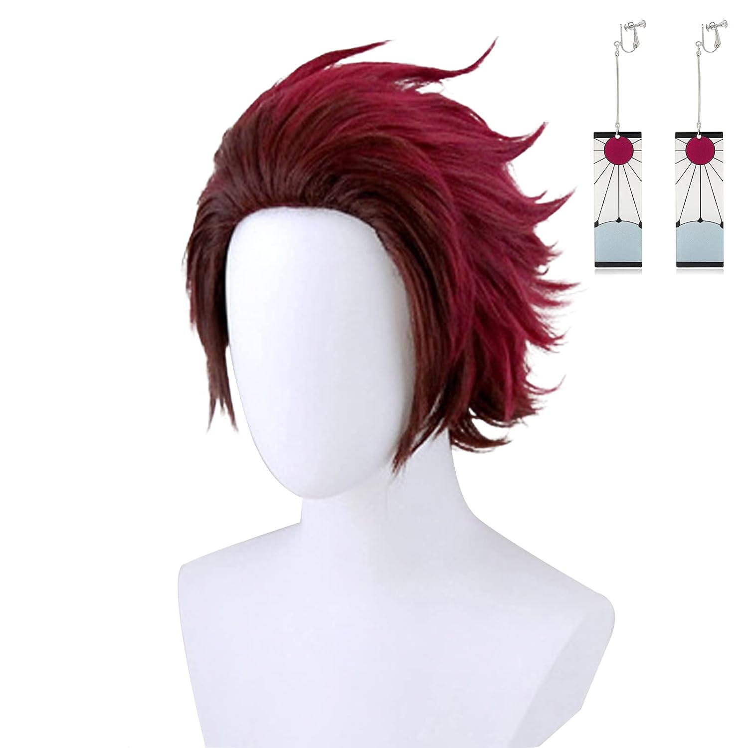 Kamado Tanjirou Cosplay Wig Costume Halloween Wigs for Women Men with Earrings