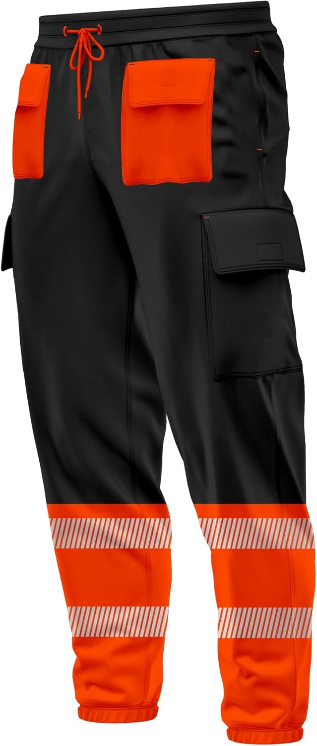 Mens Hi Vis High Visibility Contrast Multiple Pockets Cargo Trousers Bottoms Reflective Tape Drawstring Elasticated Waist Ankle Workwear Joggers