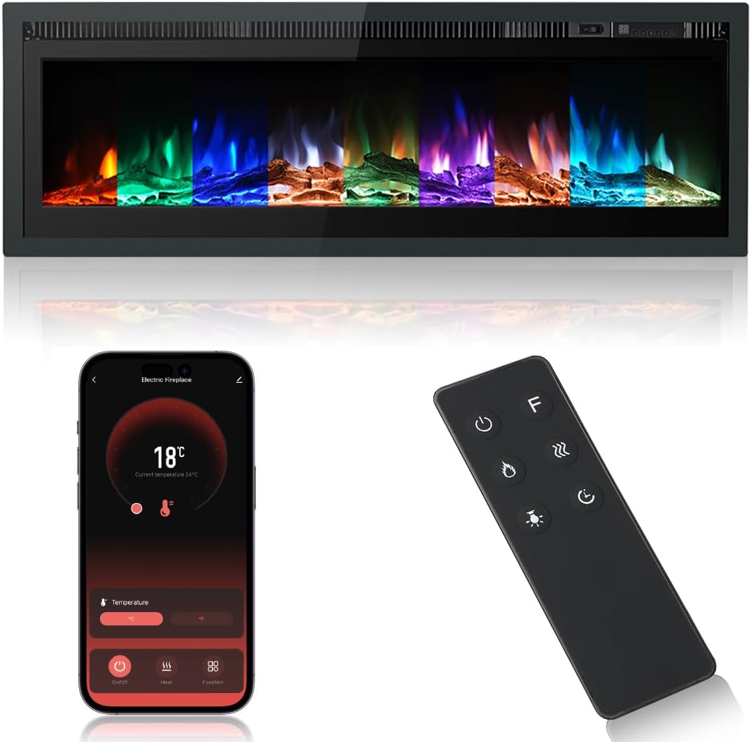 M.C.Haus Electric Fireplace Insert Wall Mounted Freestanding Heater Metal Panel Heater Colorful Flame Remote Phone Control with Crystal&Log, 900W/1800W (40"/102cm, Smart WIFI)
