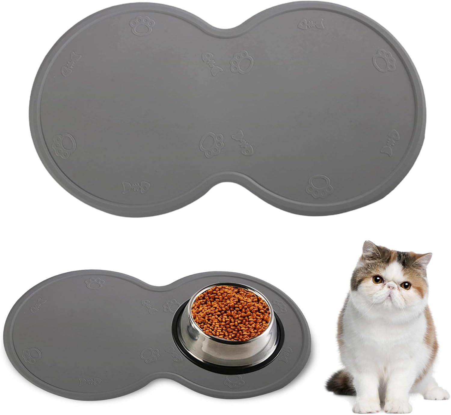Geebymol Silicone Pet Feeding Mat, Waterproof Dog Cat Food Mat with Raised Edges, Pet Water Bowl Placemats, Dog Cat Feeding Mats for Food and Water Prevent Spill, 48x27cm (Grey)
