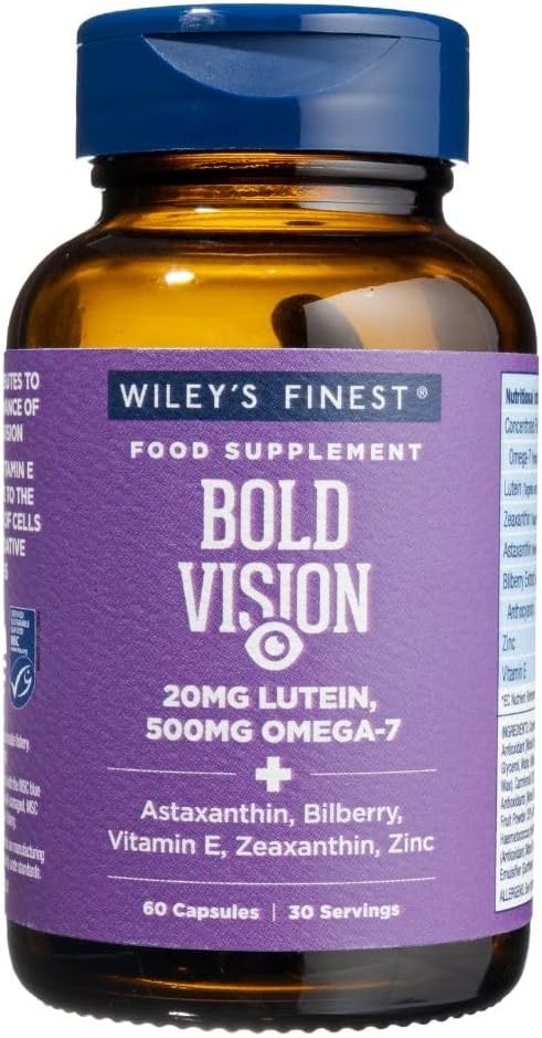 Wiley's Finest Wild Alaskan Fish Oil Bold Vision - Fish Oil Eye Health Supplement with Lutein, Zeaxanthin, Bilberry, Omega-7, Vitamin E, and Zinc - 60 Softgels (30 Servings)