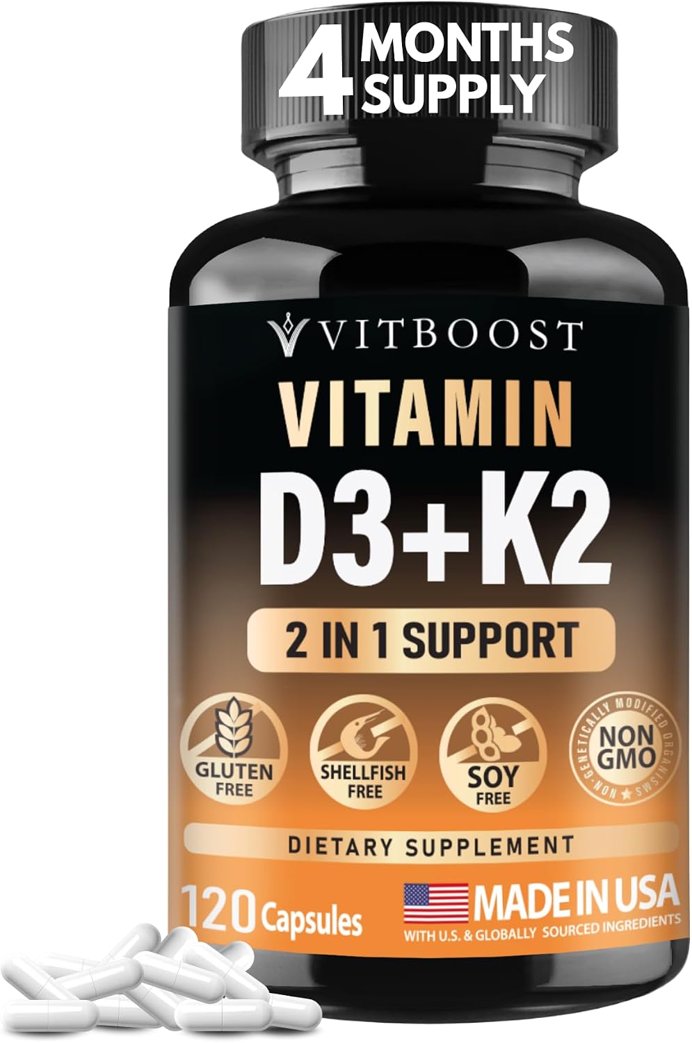 VITBOOST Vitamin D3 K2 Complex - 5000 IU (125 mcg) D3 & K2 (MK-7) 90 mcg