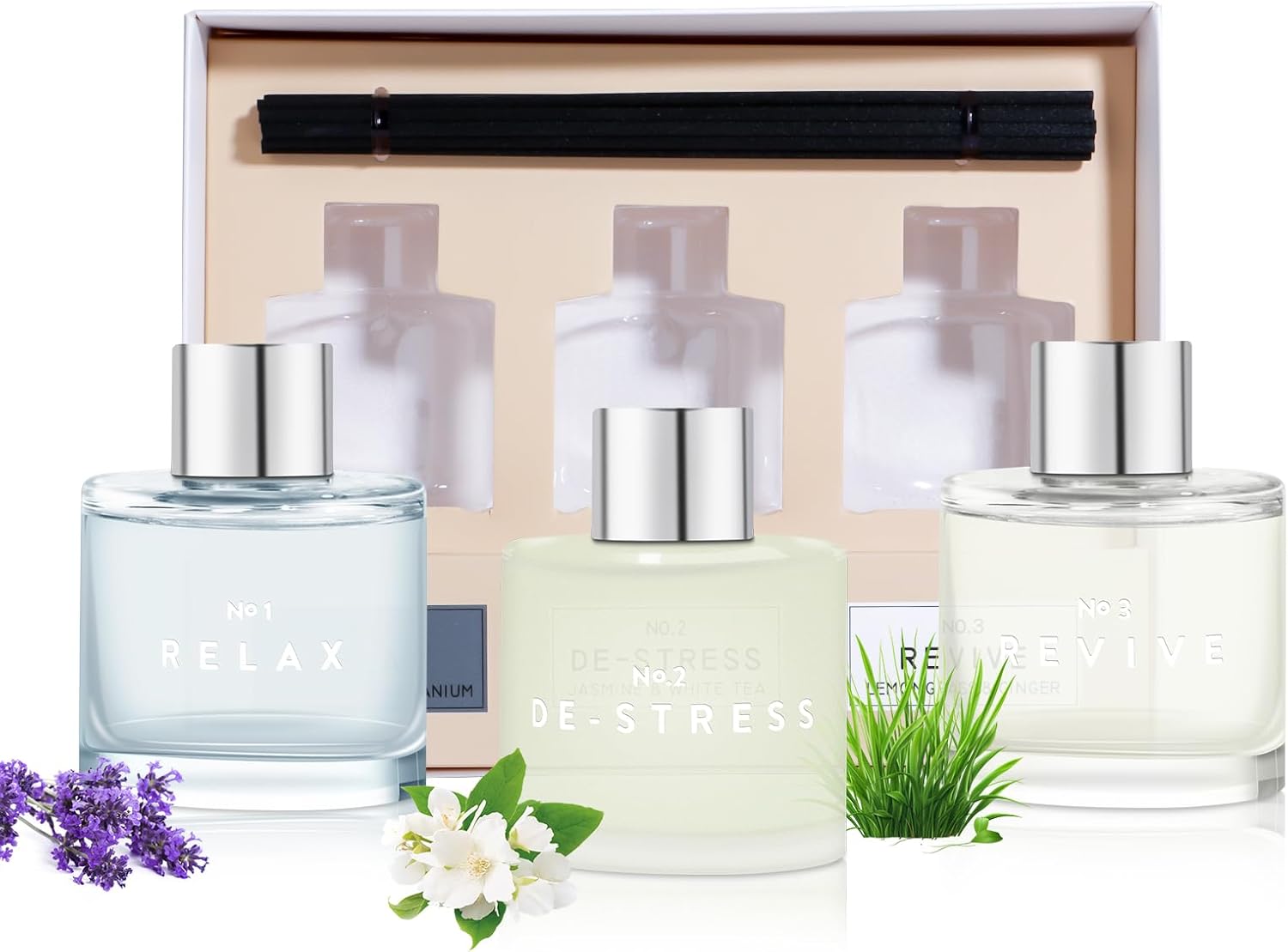 DIUFJAG Set of 3 Fragrance Reed Diffusers,50ml Lavender Jasmine Lemongrass Aromatherapy Diffuser Set with 12 Black Fiber Sticks,Air Freshener for Bedroom Bathroom Office