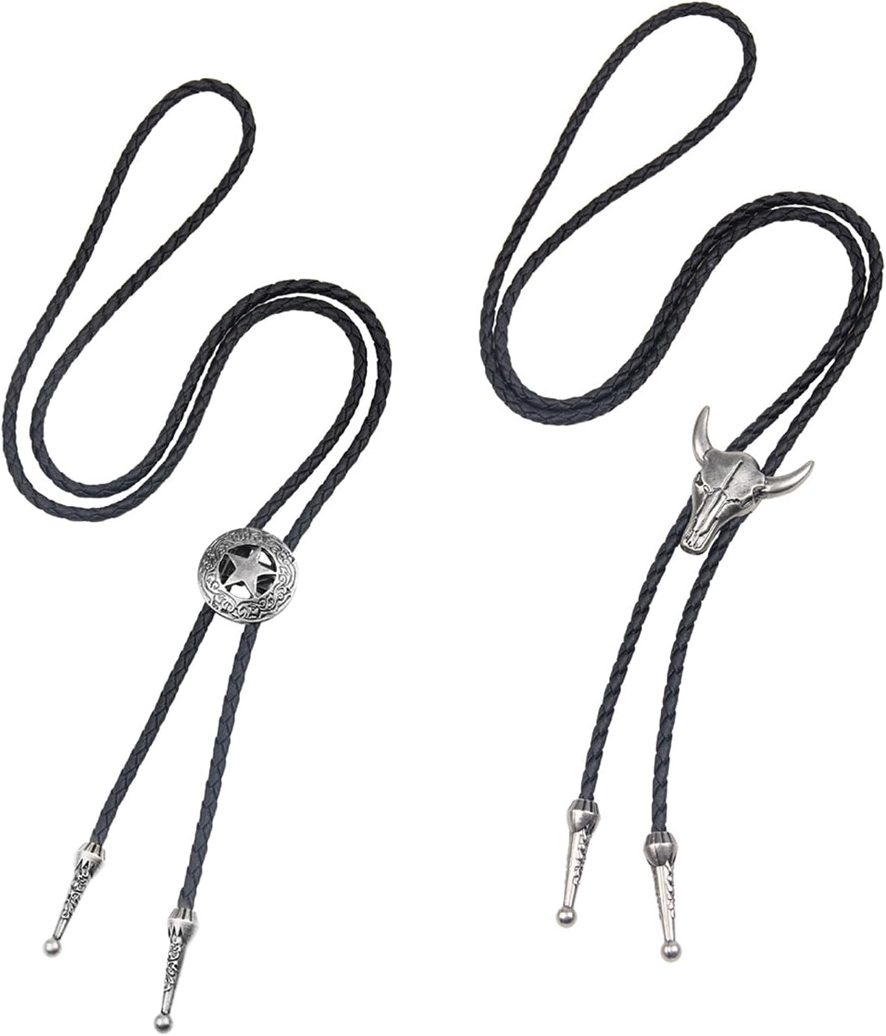 Hioip 2Pcs Leather Tie Necktie Cow Skull Texas Ranger Star Chain, Rodeo Bolo Tie Mens Leather Necklace Adjustable Vintage, Unisex Wild West Theme Cowboy Accessories, Bull Head&Star Buckle Decors