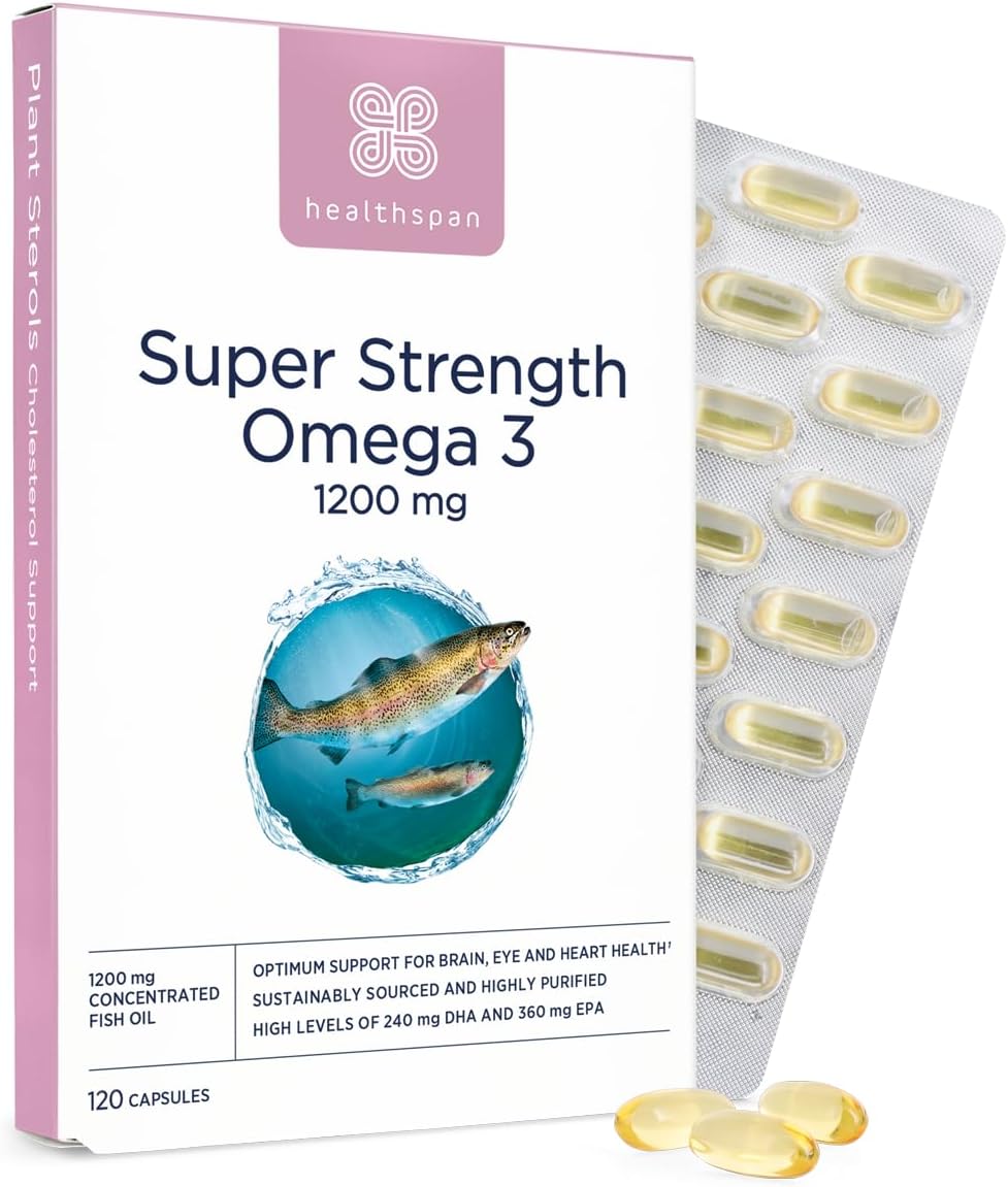 Healthspan Super Strength Omega 3 1,200mg | Brain, Heart & Eye Health | 240mg DHA & 360mg EPA per Capsule| Highly Purified to Remove Toxins | Sustainably Sourced Fish Oil (120 Capsules)