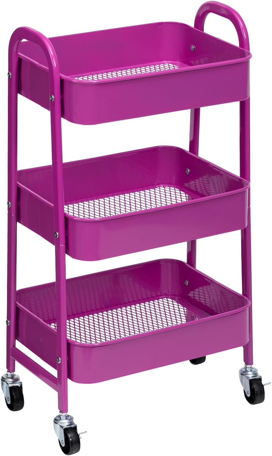 DOEWORKS Storage Trolley Metal 3-Tier Storage Cart on Wheels Rolling Kitchen Trolley Craft Trolleys Beauty Trolleys Utility Shelves for Books Room Bathroom Office, Dark Purple