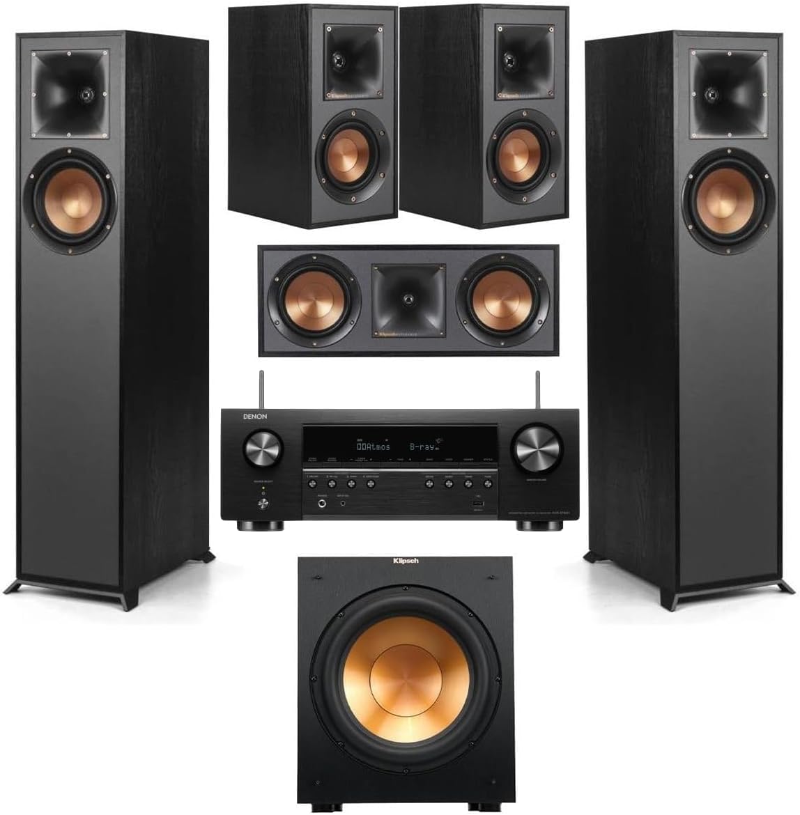 Klipsch Reference R-52C Center Channel Home Speaker, Black Bundle with R-52C Center Speaker, R-12SW 12" 400W Powered Subwoofer, R-41M Bookshelf Speakers, 5.2-Channel 8K Receiver