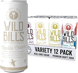 Wild Bill's 12 Flavor Craft Soda Soft Drinks Variety Pack, Root Beer, Strawberry Cream, Cola, Black Cherry + MORE, Pure Cane Sugar, NO High Fructose Corn Syrup, Caffeine Free, Gluten Free, Vegan (12 oz, 12-Pack)