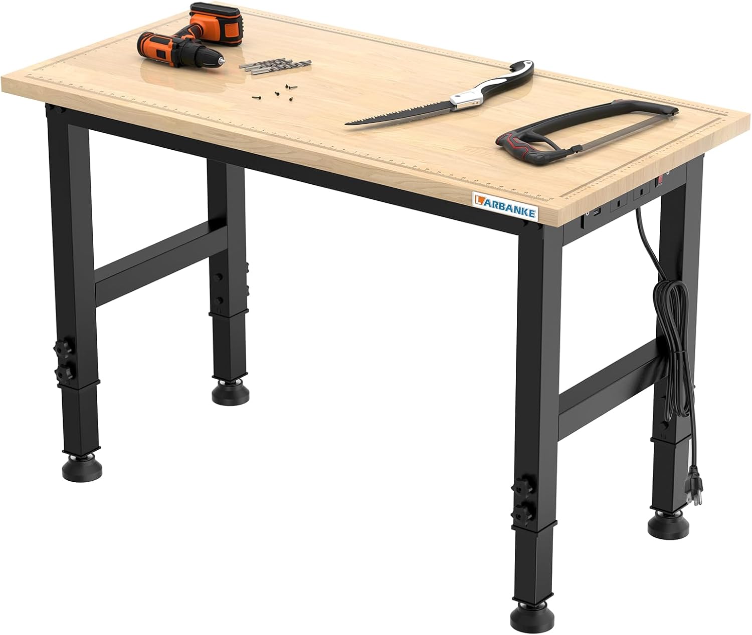 120cm Adjustable Workbench,Weight Capacity to 900kg Heavy Duty Rubberwood Worktable,with 5 Adjustable Heights,Workbench with Scales,Power Panel,Suitable for Workshops,Offices and Homes