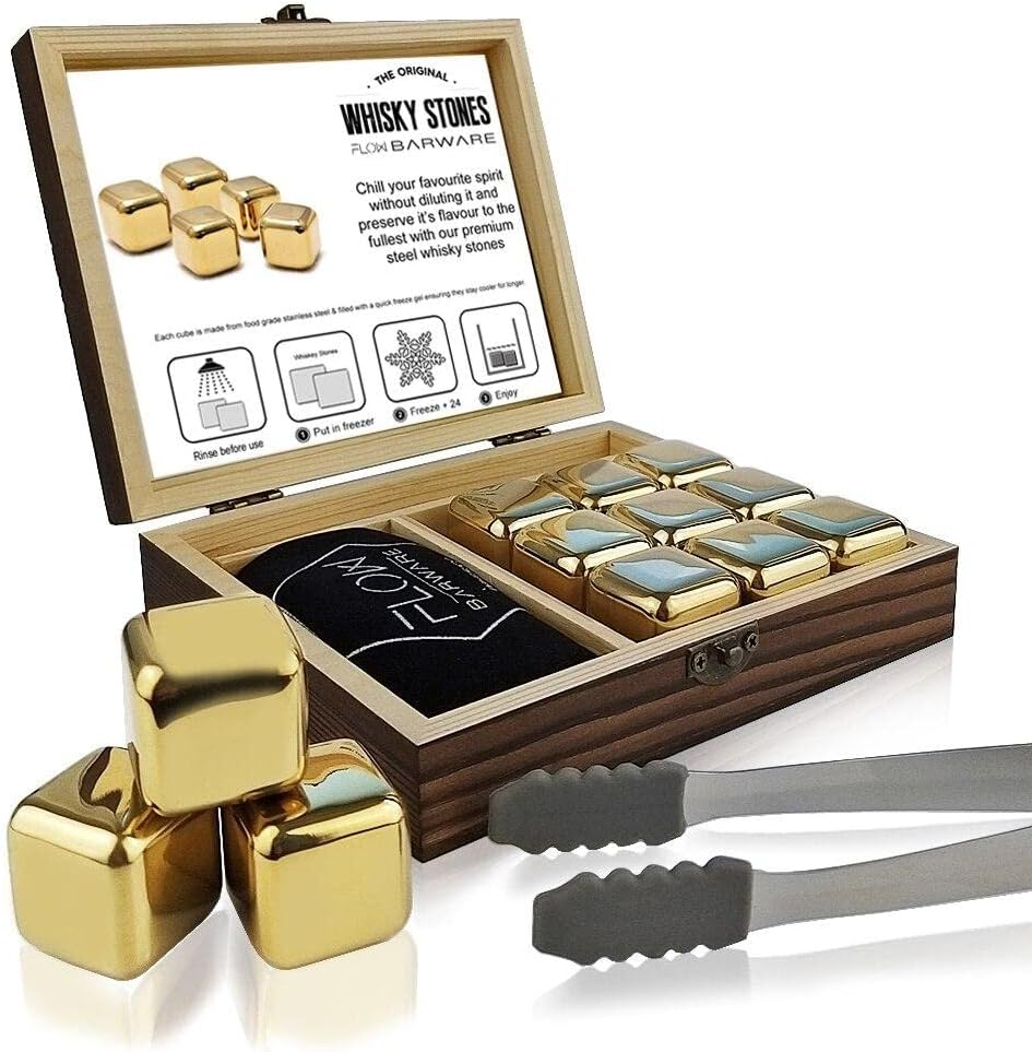 FLOW Barware Whisky Stones Gift Set | Stainless Steel Gold Metal Ice Cubes | Whiskey Stones With Tongs & Wooden Box, For Men Drink Whisky Ice Cubes in Gold