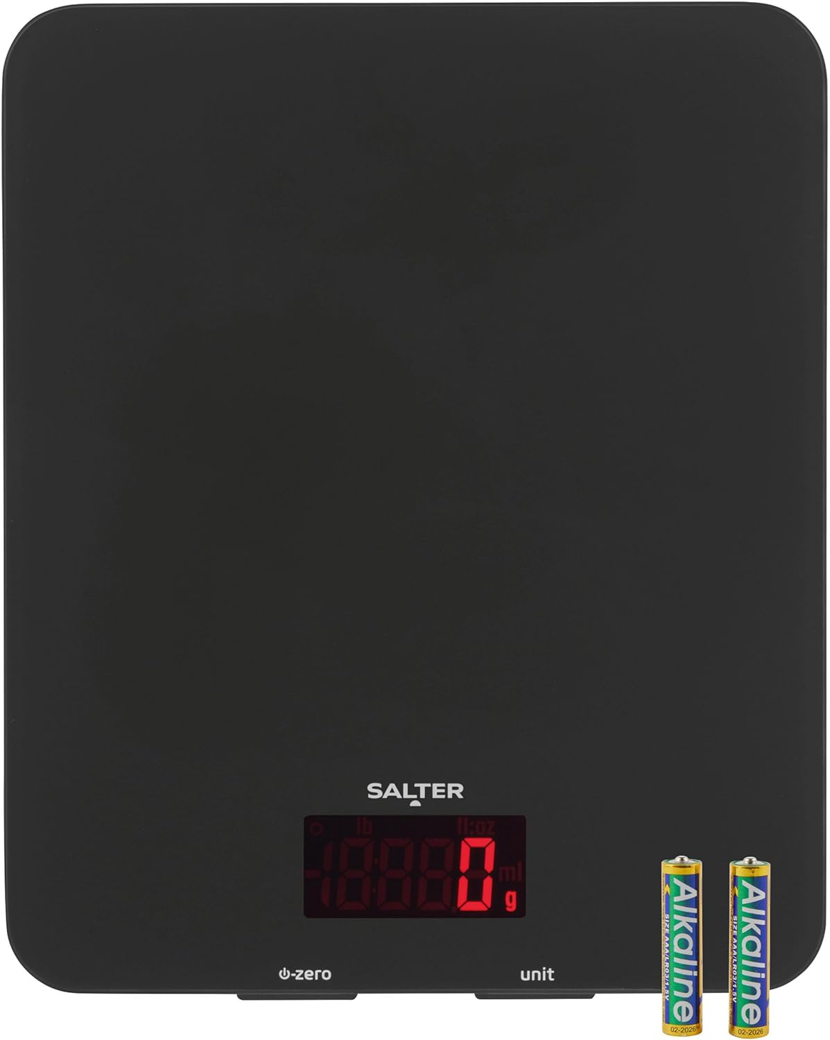 Salter 1150 BKDR Digital Kitchen Scales, Stylish Glass Design, Cooking Scale for Home/Kitchen, Measures Liquids & Fluids, Metric/Imperial, Add & Weigh Function, Red Easy Read Display, Black