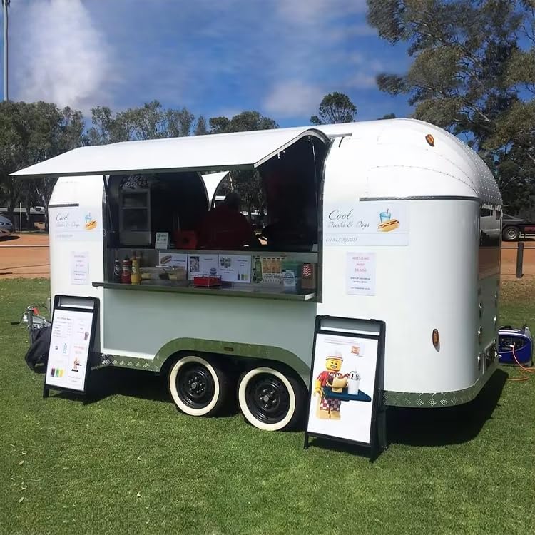 Commercial Mobile Food Trailer, White Dual-Axle Catering Van with Full Kitchen Equipment, Food and Beverage Service Cart