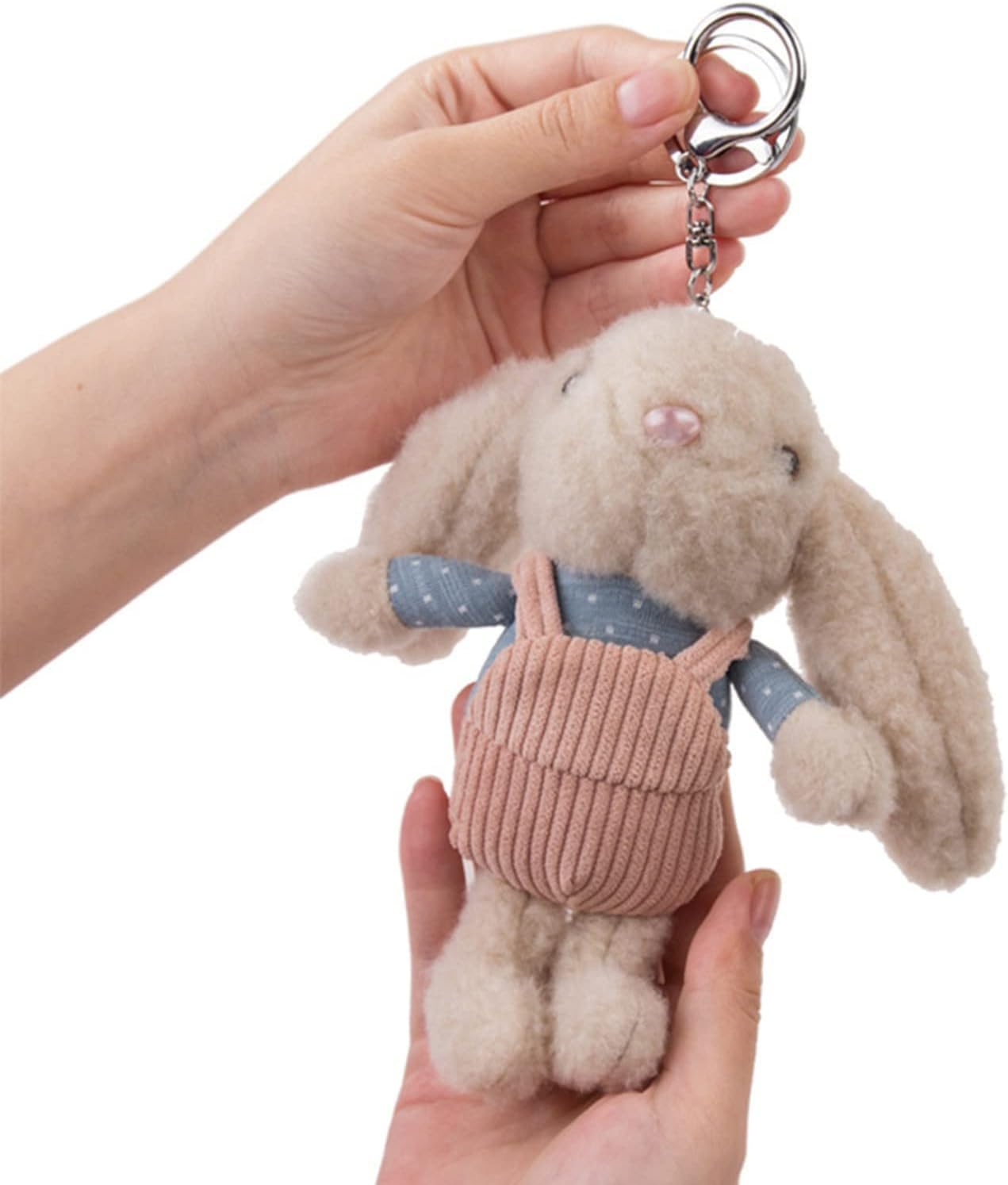 1Pc White 16cm Keychain Decoration,Plush Keychain Overalls Dress-up Long Ear Rabbit Animal Doll Plush Stuffed Bunny Doll Key Chain for Backpacks Accessories ，Animals Car Key Chain