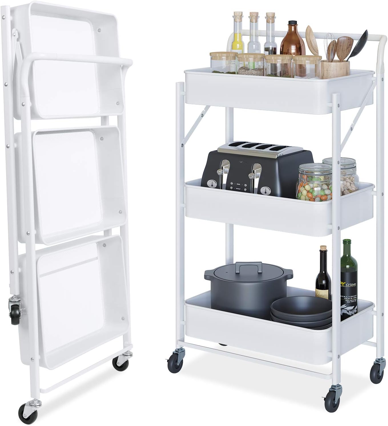 Dripex Storage Trolley Cart, 3-Tier Foldable Metal Rolling Organizer Cart with Casters, Mobile Utility Service Cart for Kitchen Bathroom Office Laundry (White)
