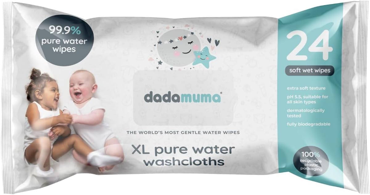 Dadamuma - 99.9% Pure Water XL Washcloths (Pack x 24 wipes), Natural Ingredients, Large Body Wipe, Dermatologically Tested, Plastic-Free, Biodegradable, Rinse Free. Ideal for Camping, Post-surgery