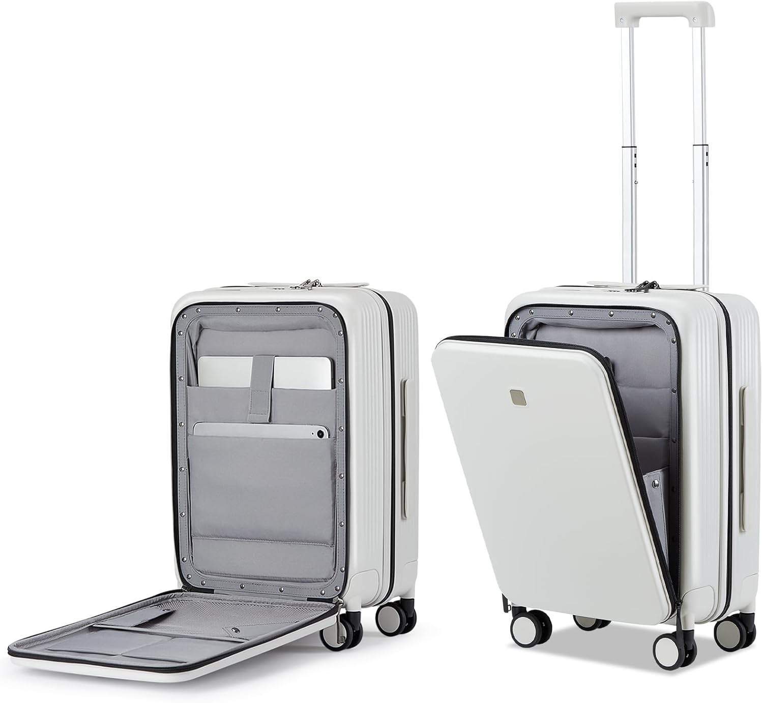 Hanke Grace Carry On Luggage with Wheels Airline Approved Hard Shell Suitcases with Front Pocket，Top Opening Luggage with TSA Lock for Short Business Travel，Smoke White.