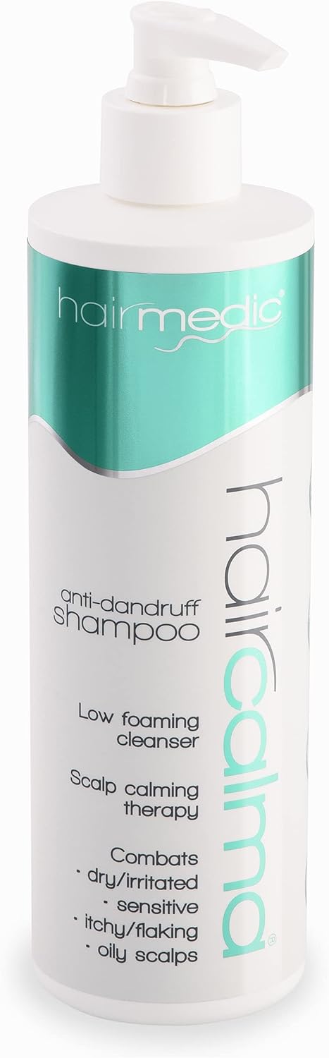 HAIRCALMA - Anti-dandruff, hypoallergenic, low foam shampoo. Combats dry/irritated, sensitive, itchy/flaking, oily scalps. 400ml bottle.
