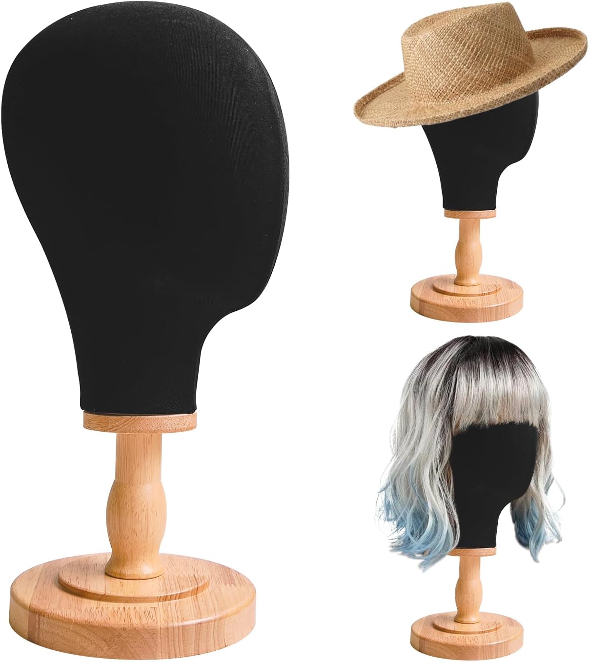 TINGSING 21" Wig Head Stand, Black Mannequin Head Hat Display Stand Wig Holder Dome Canvas + Detachable Wood Stand, Hats Caps Display Canvas Block Mannequin Head Model