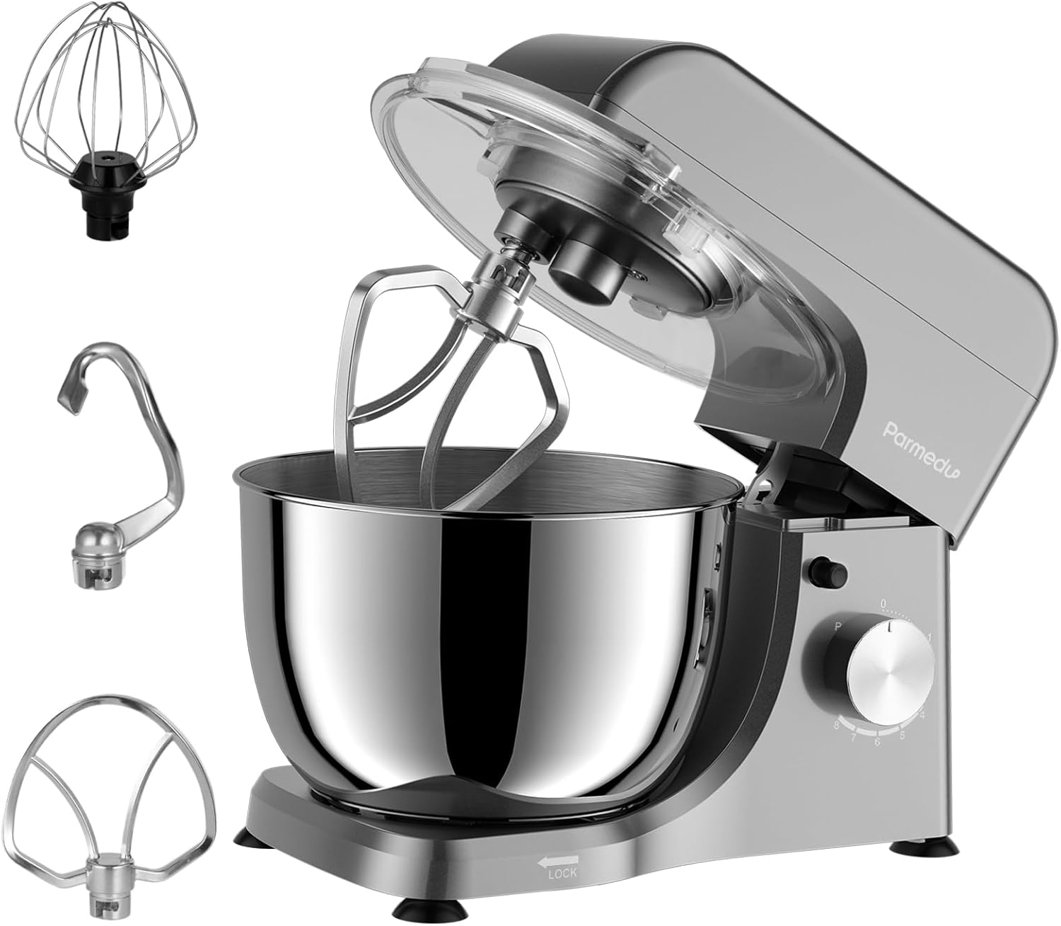 Parmedu Electric Kitchen Stand Mixer: 1000W 8-Speed Compact Tilt-Head Household Food Mixer - 4.5L 304 Stainless Steel Bowl with Cover & Egg Whisk & Dishwasher Safe Dough Hook & Flat Beater