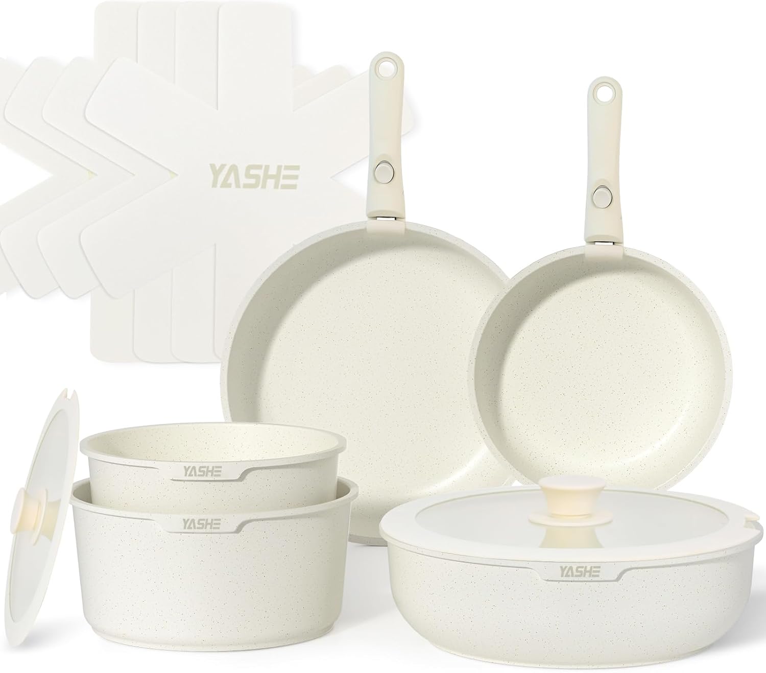 YASHE 13Pcs Pots and Pans Sets Non Stick, Kitchen Cookware Sets, Induction Pan Set for RV Set, Pans with Detachable Handle, Granite White, Oven Safe, PFOA Free