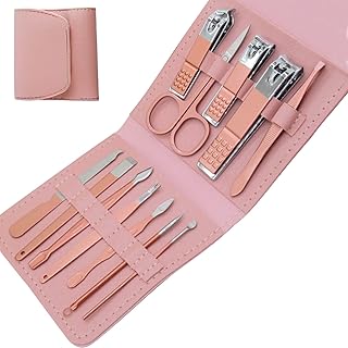 XMOSNZ Manicure Set 12 in 1 Stainless Steel Nail Clipper Kit Professional Grooming Kits Face Hand Foot Skin Care and Nail Care Tools with Leather Travel Case (12,Pink)