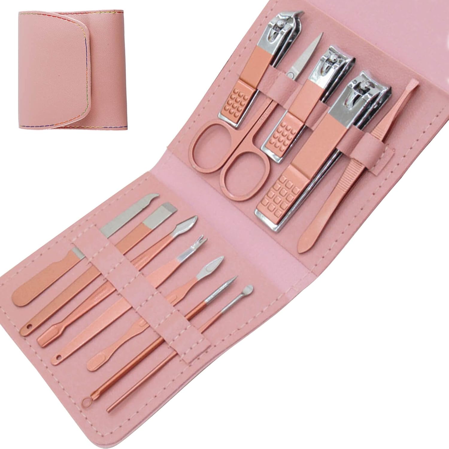 XMOSNZ Manicure Set 12 in 1 Stainless Steel Nail Clipper Kit Professional Grooming Kits Face Hand Foot Skin Care and Nail Care Tools with Leather Travel Case (12,Pink)