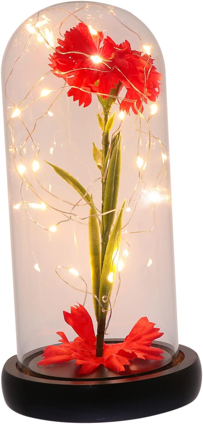 Vaguelly 1pc Simulated Carnation Lamp with Glass Shade Decorative Night Light for Home Present for Mother Day Creates Warm Atmosphere for Living and Bedroom Battery Not Included