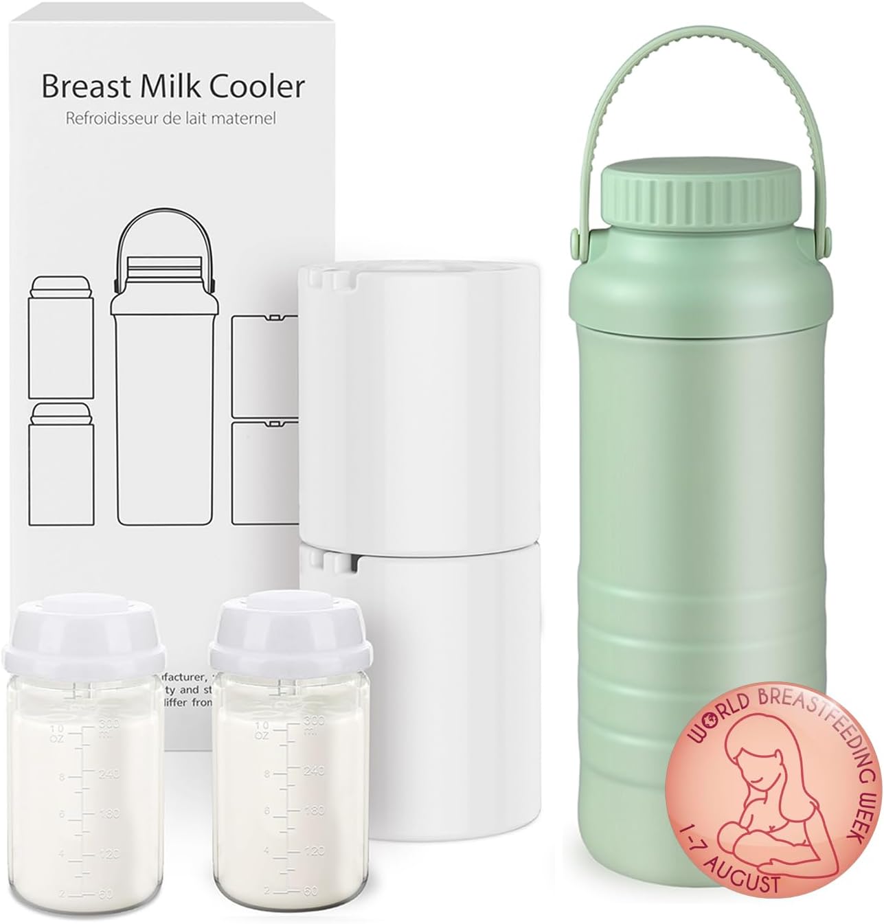 Portable Breast Milk Cooler Bottle, 22oz Capacity Breastmilk Chiller for Travel Mom, 360° Cooling Keeps Milk Fresh for 24 Hours, Breastfeeding Essentials with 2pcs Bottle for Breastmilk Storage