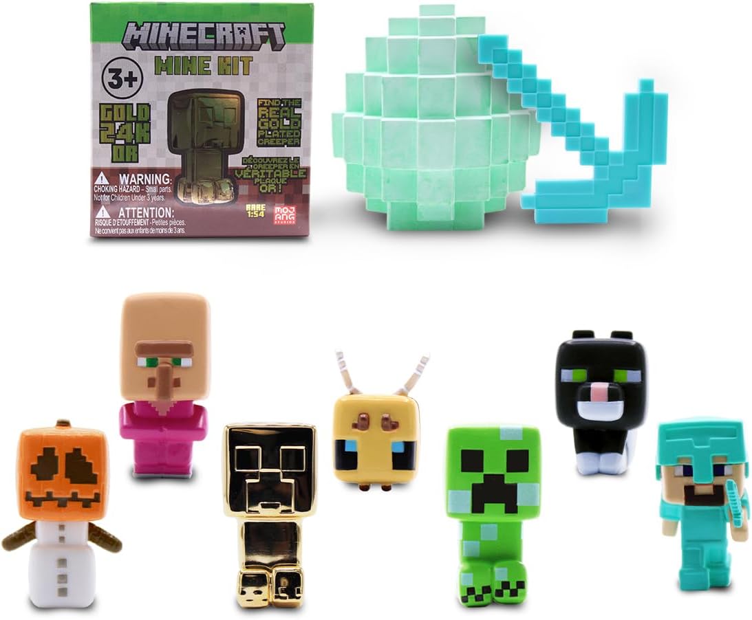 Just Toys LLC Minecraft Mine Kit – Dig Your Own Mystery Block with Mini‑Figure, Iron Pickaxe, Water‑Soak Mining Activity, Collectible Gold‑Plated Creeper (1‑in‑48), Gift for Kids 3+