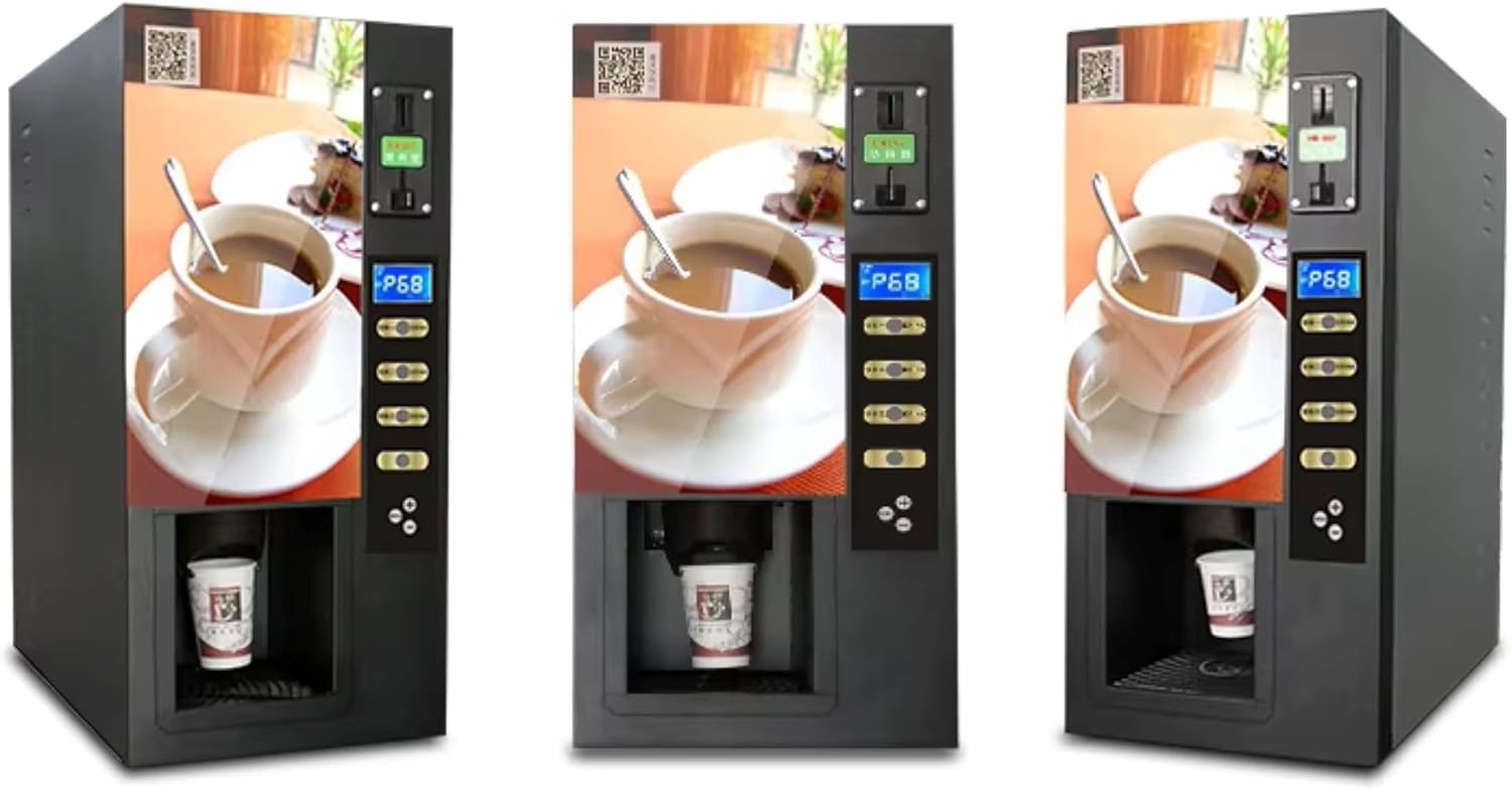SEQ Commercial Automatic Coffee Vending Machine with Coin Operated Coffee Vending Machine, 3 Flavors Hot Beverages, Coin Operation, Automatic Cup Drop System