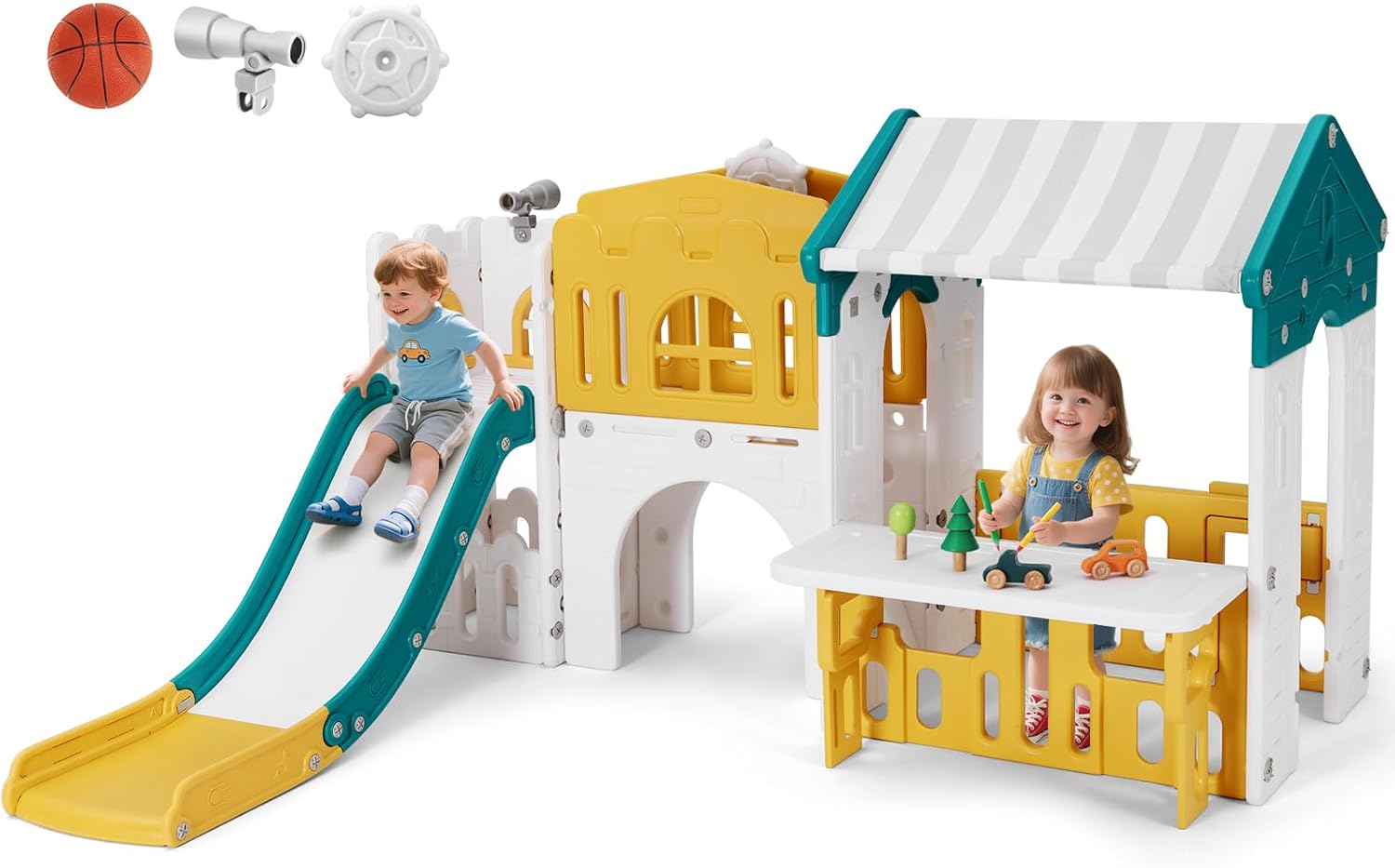 JOYLDIAS 9 in 1 Toddler Slide, Freestanding Kid Climber Slide Playset, Toddler Playhouse with Slide, Basketball Hoop and Climbing Frame, Indoor Outdoor Backyard Playground Toy for Toddlers Age 1-3+