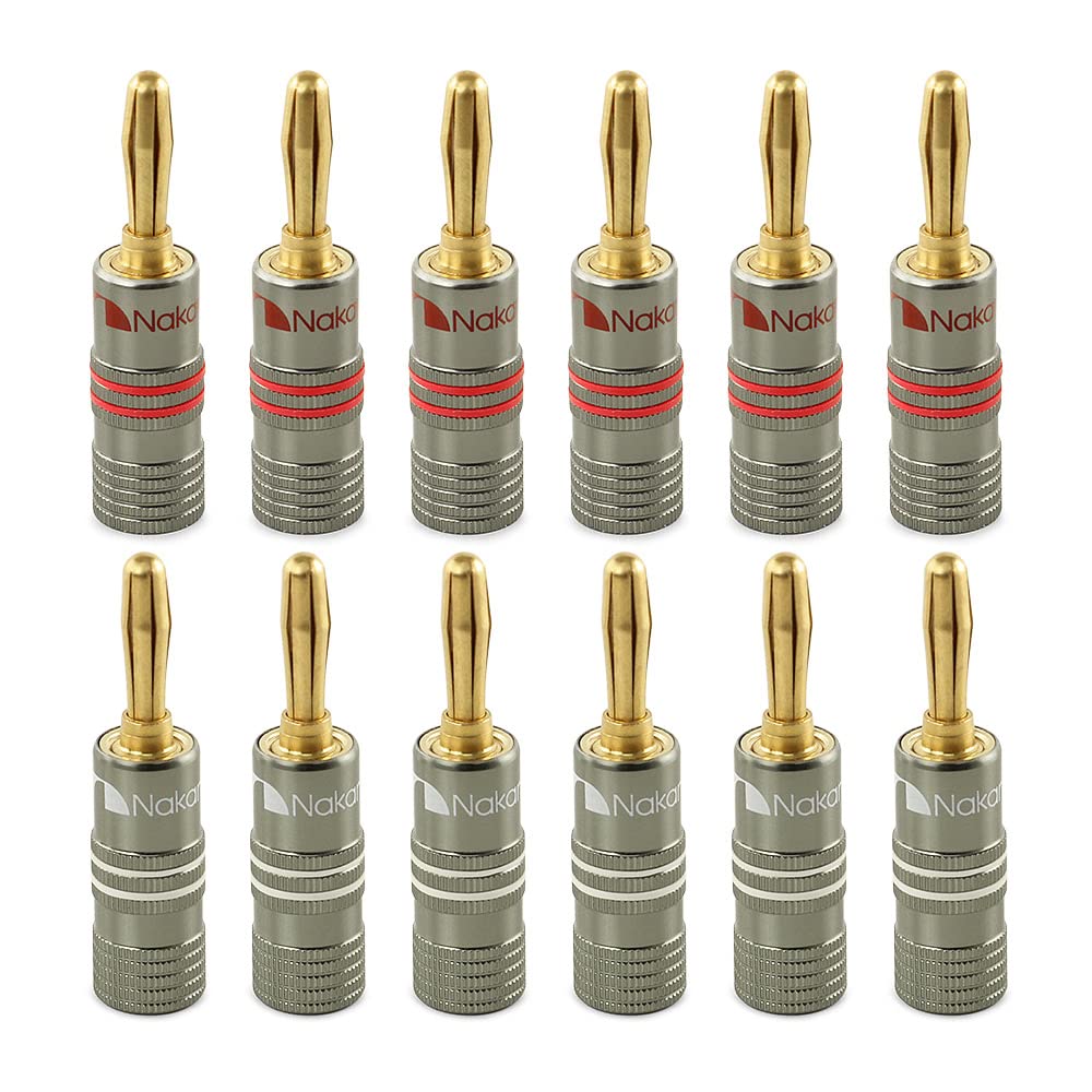 Nakamichi Ultimate Series 24K Gold Plated Beryllium Red Copper Banana Plug 12-18 AWG Gauge Size 4mm Connector for Speakers Wire Amplifiers Hi-Fi Sound Systems (12 Pcs (6-Pairs), Banana Plugs)
