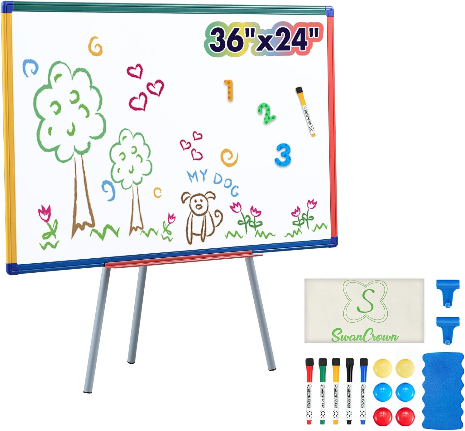 Dry Erase Board with Stand Magnetic Whiteboard for Kids Easel Flipchart Board for Classroom Easel White Board with Stands Teacher Easel, Colorful Frame,36x24 inches