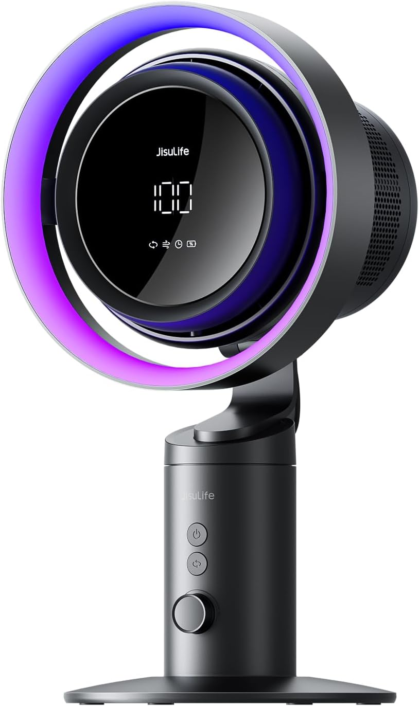 Jisulife Table Fan Pro3, 3-IN-1 Turbo Oscillating Fan with Air Purifier and RGB Light, H11 HEPA Filter, 100-Speed Adjustable, 10000mAh Rechargeable Battery, Powerful Airflow for Desktop/Office/Bedroom