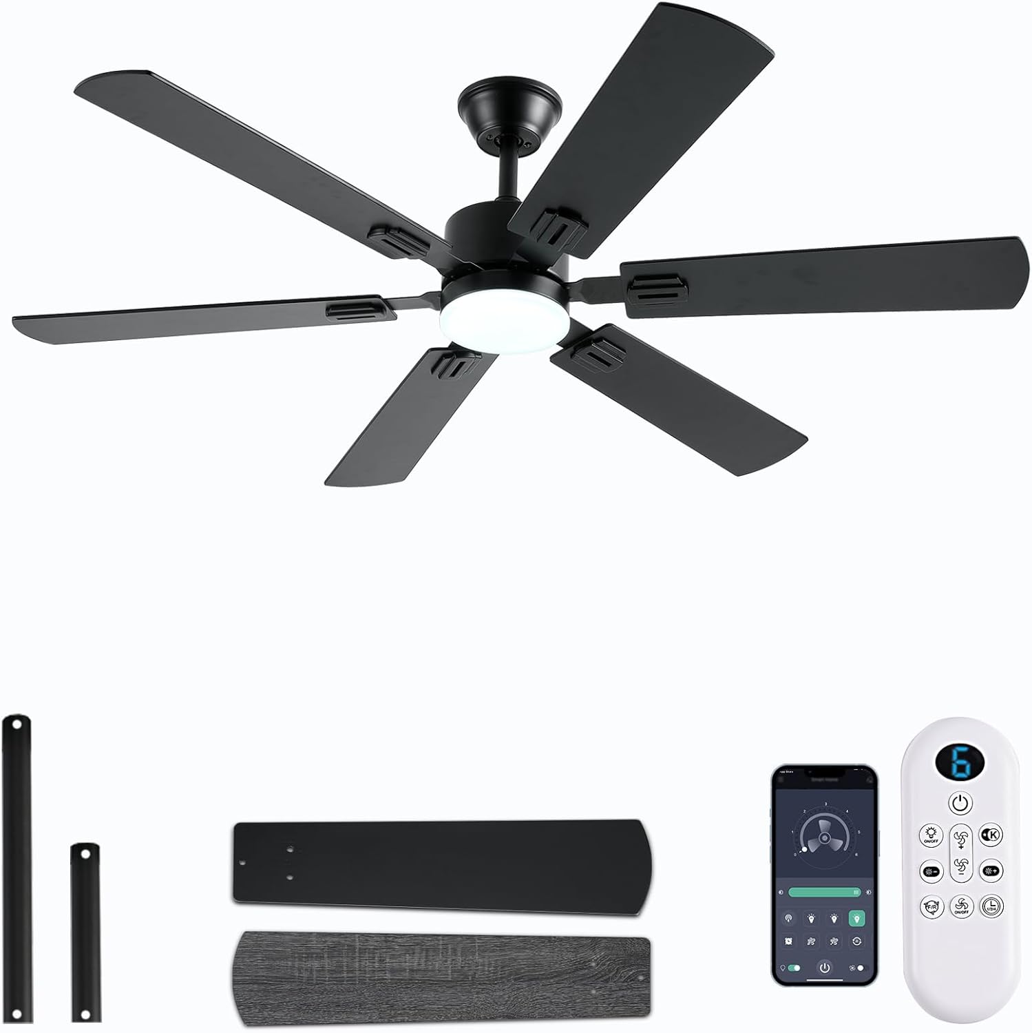 56inch Black Ceiling Fans with Lights and Remote/App Control, Dimmable LED, Reversible DC Motor, Noiseless, 6 Double-Side blades, 6 Speeds Low Profile Ceiling Fan for Indoor/Outdoor Use