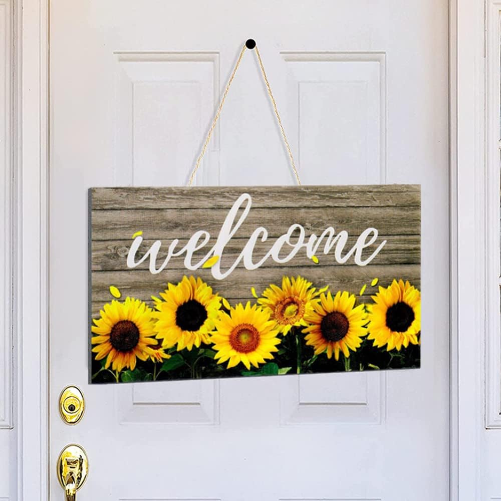 Wooden Home Sign Plaque Welcome Hanging Door Decor Wall Decor with Rope for Home Bar Pub Party Decoration Rustic Door Sunflowers Plaque Accessory Gift 11.4" x 6"
