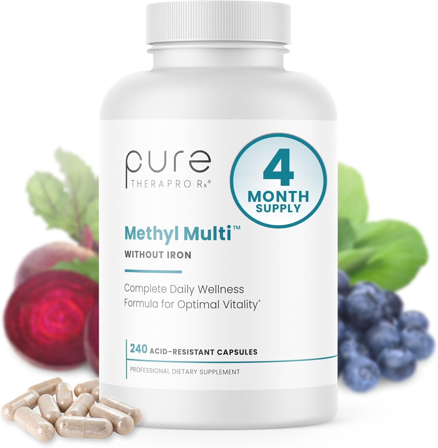 Pure Therapro Rx Methylated Multivitamin for Men and Women | Methyl Multi Without Iron + Methyl B12 & Methylfolate | Pharma Grade | 240 Capsules, 4-Month Supply