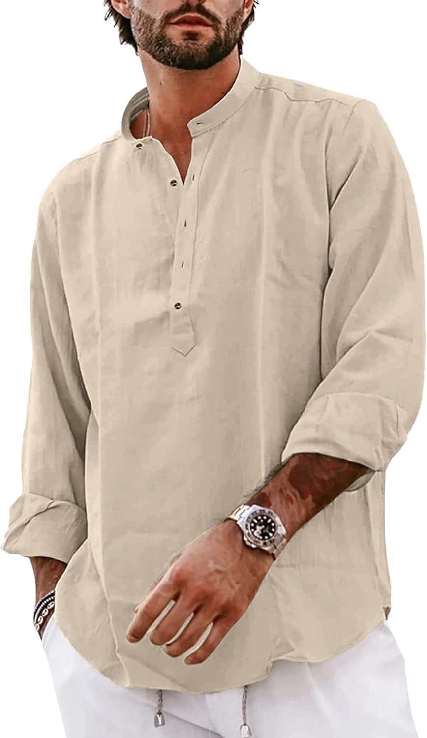 YAOBAOLE Mens Linen Henley Shirt Grandad Collar Shirts for Men Casual Men Shirt Yoga Linen Tops