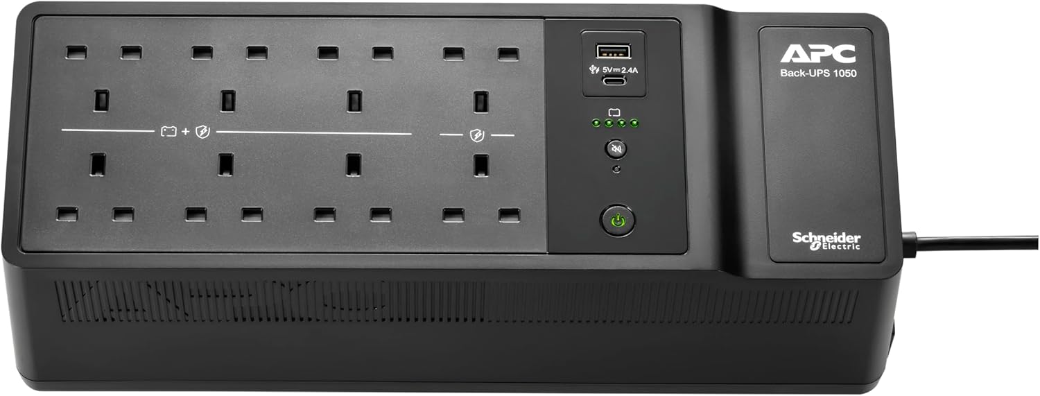 APC UPS for Home, 1050VA UPS Battery Backup with AVR, 8x British BS1363A outlets, (2) USB Charger Ports, Back-UPS Uninterruptible Power Supply, BE1050G2-UK