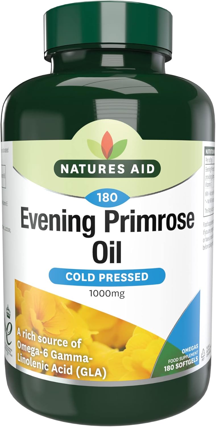 Natures Aid Evening Primrose Oil 1000mg – Cold Pressed Omega-6 GLA – Supports Hormonal Balance & Skin Health – High Strength Potency – Non-GMO, Gluten-Free – 180 Softgel Capsules