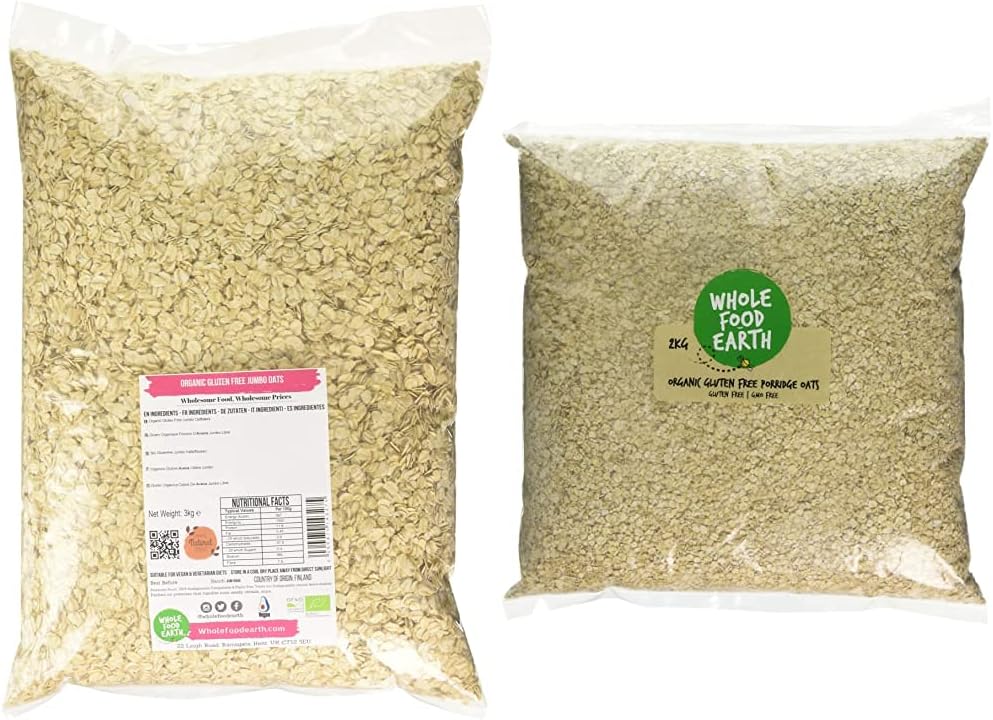 Wholefood Earth Organic Gluten Free Jumbo Oats, 3 kg & Organic Gluten Free Porridge Oats, 2 kg