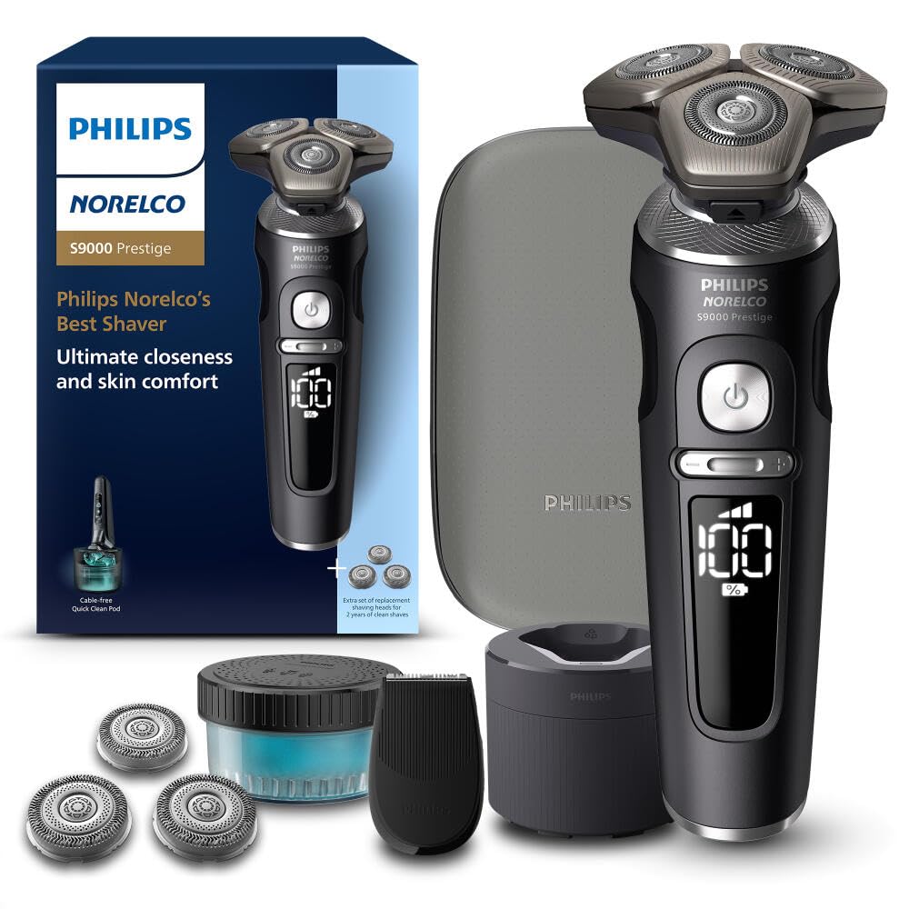 Philips Norelco Shaver Series 9000 Prestige, Wet and Dry Electric Shaver, Lift & Cut Shaving System, SenseIQ Technology, Precision Trimmer, Cleaning Pod, Premium Pouch, Black Matte, Model SP9840/90