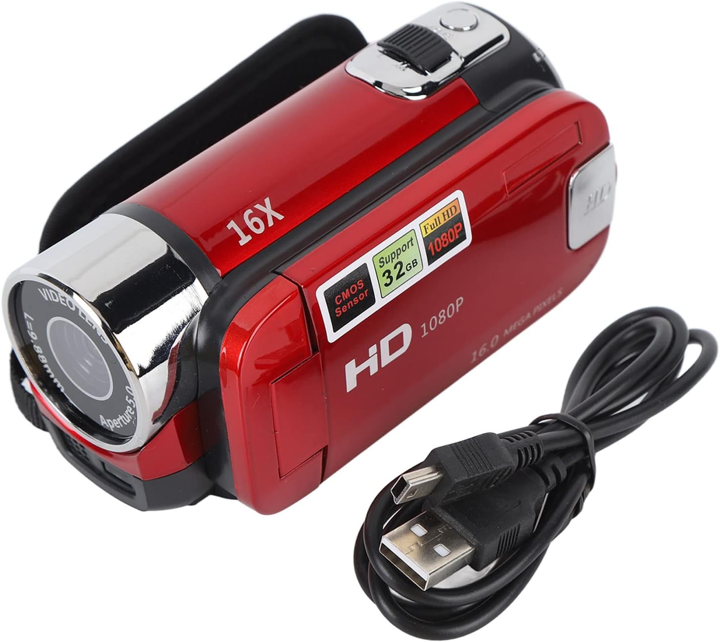 Handheld Video Camcorder, 1080P 16MP DV Camera 16x Digital Zoom Video Camera with 2.7in TFT Rotatable Screen and USB Cable (Red)