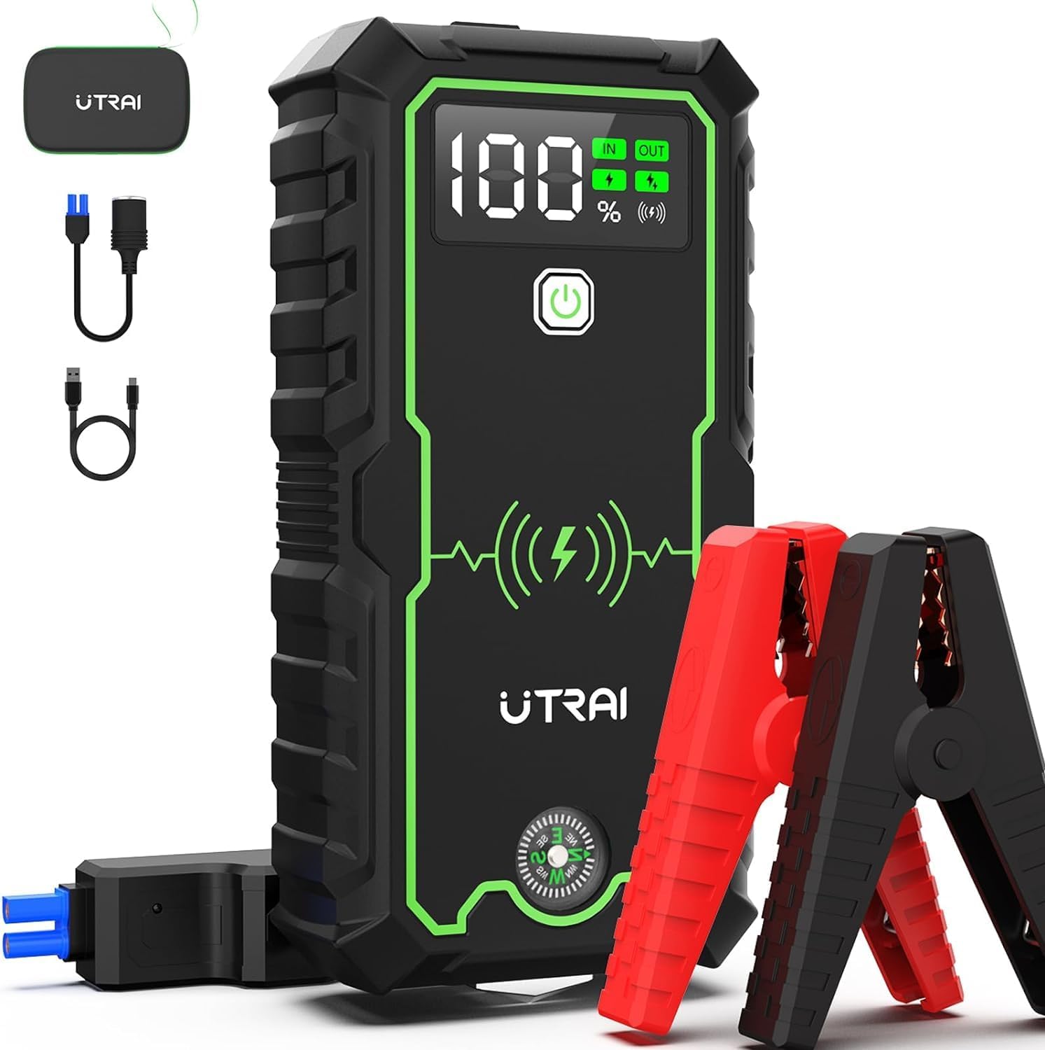 6000A 27000mAh Jump Starter Power Pack with Compass/10W Wireless Charger/Safety Hammer/LED Flashlight/EC5 with LCD Display,UTRAI Car Battery Booster Jump Starter for All Gas/10L Diesel